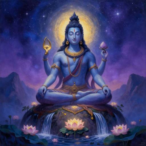 Digital painting of blue-skinned, four-armed Hindu deity Shiva, sitting cross-legged on a rock, holding a flame and a flower, surrounded