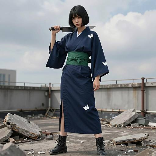 Intense Asian Woman in Kimono on Rooftop