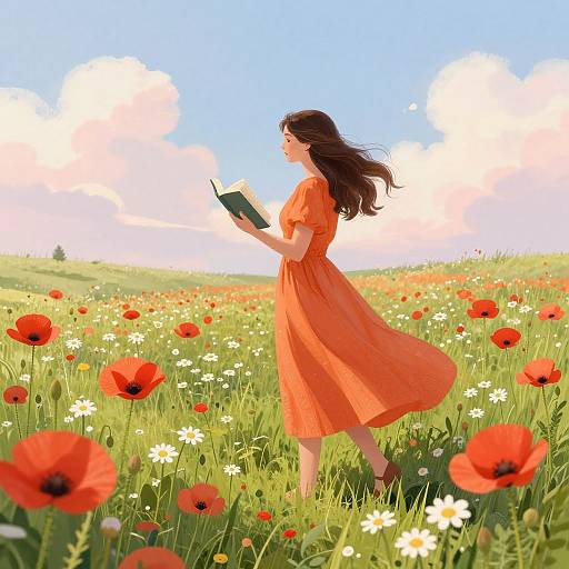 Digital illustration of a young woman with long brown hair in an orange dress, reading a book in a vibrant field of red and white poppies under a