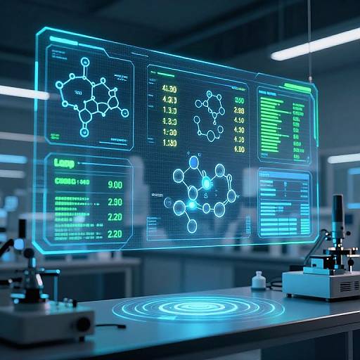 Digital CGI image of a futuristic lab with glowing blue holographic molecular structures and data screens on a sleek, illuminated workstation.