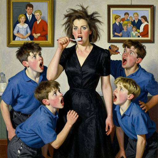 Cartoon-style illustration of a woman in a black dress with wild hair, being chased by four boys in blue shirts, all shouting and reaching for her