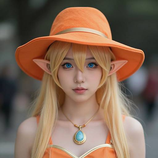 Photograph of a young woman cosplaying a fantasy elf with long blonde hair, blue eyes, orange hat, orange dress, and turquoise pendant, standing
