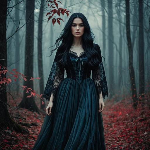 Woman in Black Gothic Dress in Forest