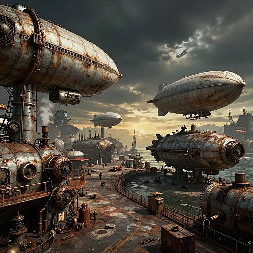 Digital artwork of a steam-punk industrial seaport with rusted, airship-like structures, cloudy sky, and distant ships, featuring detailed,