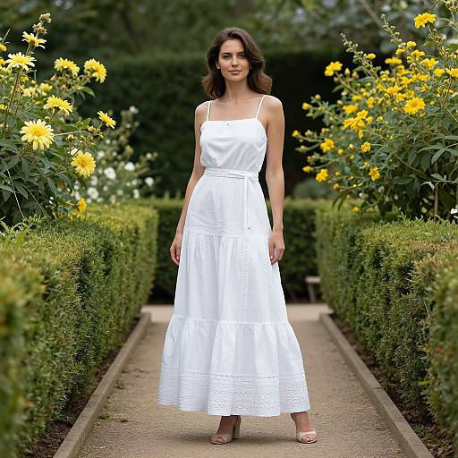 Photograph of a smiling woman with dark wavy hair in a white, sleeveless, lace-trimmed dress, standing on a garden path fl