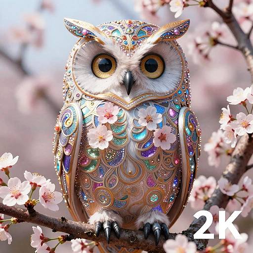 Electric Cherry Blossom Owl — Art Nouveau