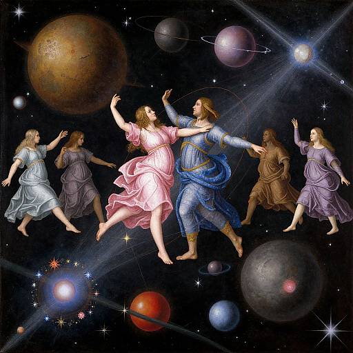 Renaissance-style painting of five ethereal women in flowing dresses, floating in space with colorful planets, stars, and galaxies. They reach out in