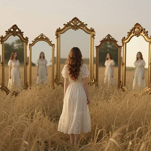 Photograph of a woman with long brown hair in a white lace dress, standing in a golden wheat field, facing four ornate gold-framed mirrors