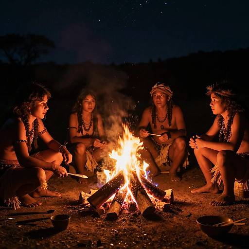 Prehistoric Nighttime Campfire Scene