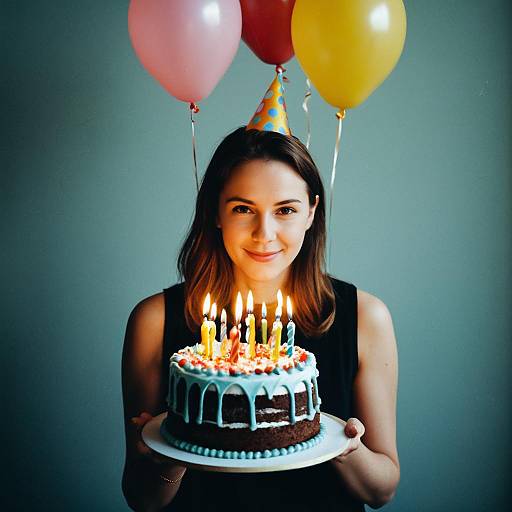 Woman with Birthday Cake and Balloons