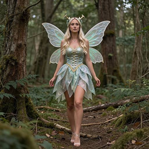 Photograph of a blonde woman with fairy wings, wearing a shimmering green and gold dress, headpiece, and sandals, walking through a dense,