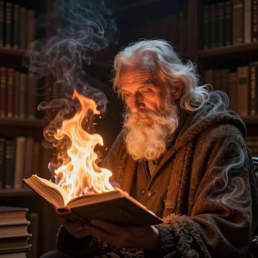 Photograph of an elderly, white-bearded man with long, curly hair, wearing a dark, textured robe, reading an open book illuminated by a