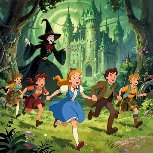 Digital illustration of Alice in Wonderland: Alice in blue dress, five boys, and a witch in black robe running towards a glowing, enchanted castle in a