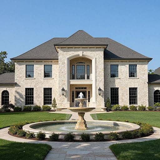 Photograph of a two-story, beige stone mansion with a large central fountain, symmetrical windows, and a triangular roof, set against a clear blue