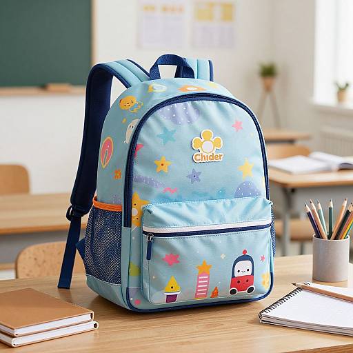 Photograph of a light blue children's backpack with colorful cartoon patterns, 