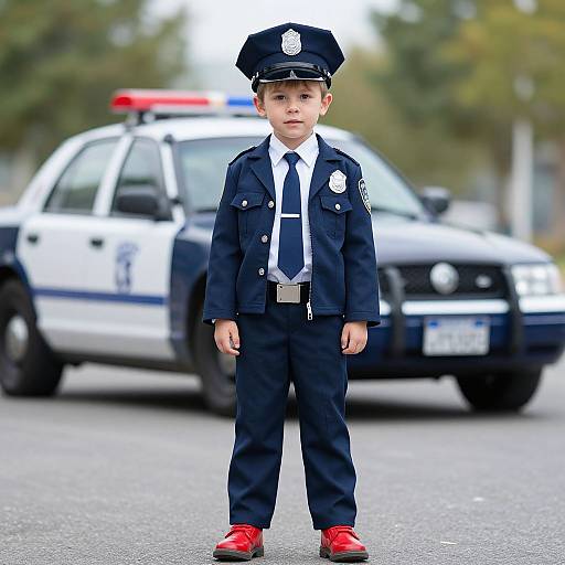 Photograph of a young boy in a miniature police uniform, standing in front of a police car with a blurred outdoor background.