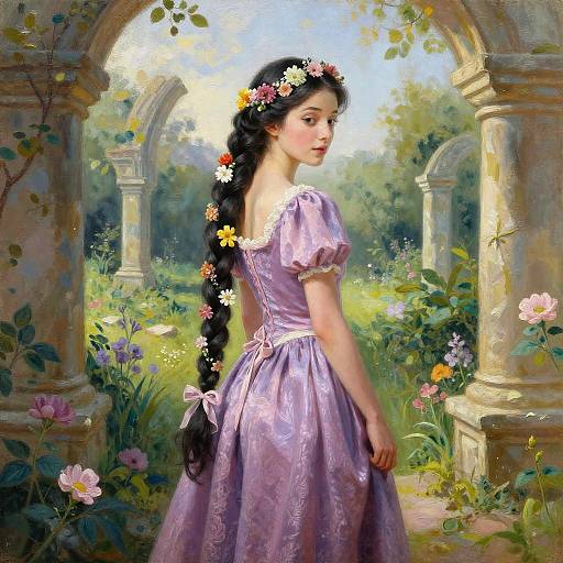Digital painting of a fair-skinned, dark-haired maiden with a flower crown, long braid, lavender dress, standing in a sunlit, floral