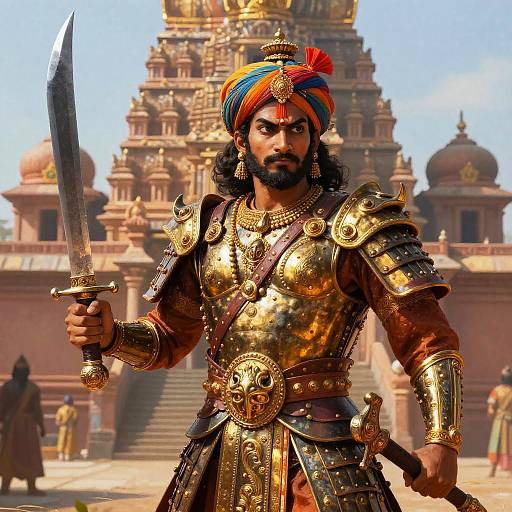 Photorealistic CGI of a fierce, bearded Indian warrior in golden armor with colorful turban, holding sword, standing in front of a grand temple
