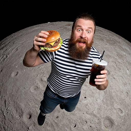 Bearded Man Floating on Moon