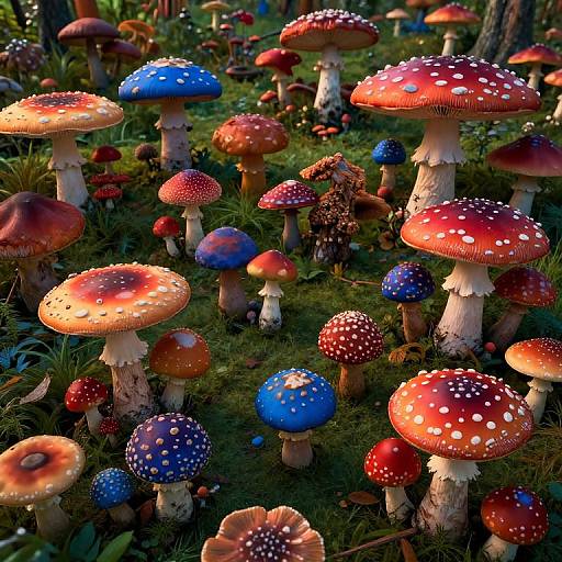 Photograph of vibrant, multicolored mushrooms with red, blue, and orange caps, speckled with white spots, in a lush, green