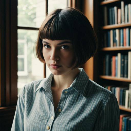 Young Woman with Pixie Bob Hairstyle in Library