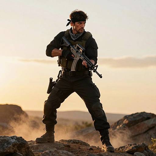Photograph of a rugged, black-clad soldier with a headband, gripping a rifle, standing amidst rocky terrain at sunset, dust swirling around.