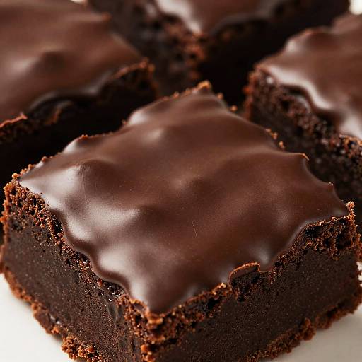 Close-up photograph of rich, dark chocolate square brownies with glossy, smooth chocolate frosting on top, showcasing their dense texture and deep brown color.