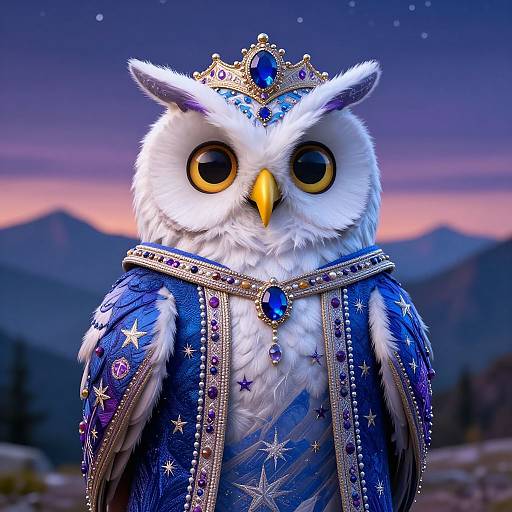 Digital artwork of a regal owl with large yellow eyes, wearing a blue and gold royal robe adorned with stars and jewels, against a twilight mountain backdrop