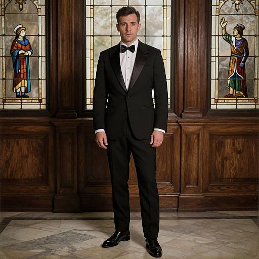 Photograph of a handsome, fair-skinned man in a black tuxedo, standing in a grand, wood-paneled room with stained glass windows