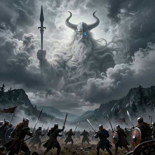 Fantasy battle scene: warriors in armor, spears, and shields face a massive, horned, sun-like figure amidst stormy mountains and cloudy