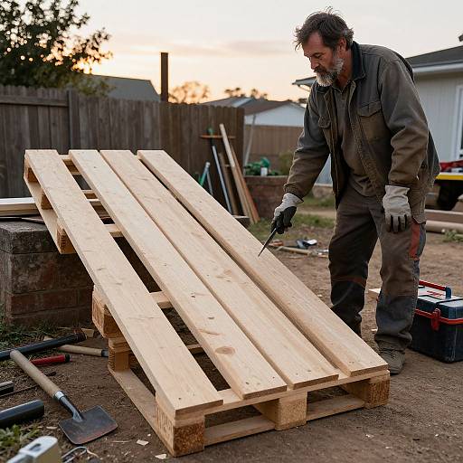 Photograph of a bearded man in worn brown work clothes and gloves, using a drill on a wooden pallet frame in a backyard at sunset.