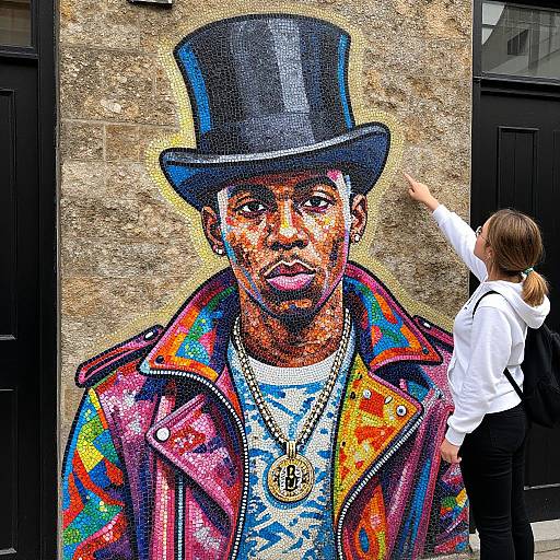 Vibrant street mural of a Black man in a top hat, colorful leather jacket, and gold necklace, painted by artist Banksy. A woman