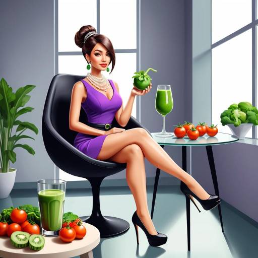 Elegant Woman with Green Juice and Fresh Vegetables