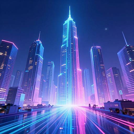 Neon-lit, futuristic cityscape photograph featuring a towering skyscraper centered among illuminated, blue, pink, and purple high-rise buildings at night.
