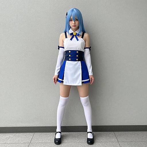 Digital anime-style photograph of a blue-haired woman in a white and blue maid outfit with thigh-high socks and black Mary Jane shoes, standing against a plain