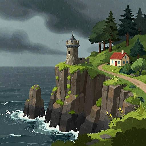 Stormy Cliffside with Watchtower