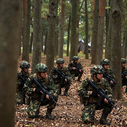 Soldiers Camouflaged in Dense Forest