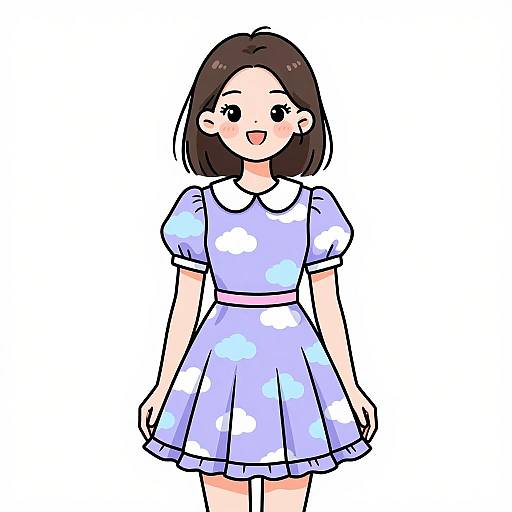 Digital anime-style drawing of a smiling young girl with straight brown hair, wearing a light purple dress with white cloud patterns.