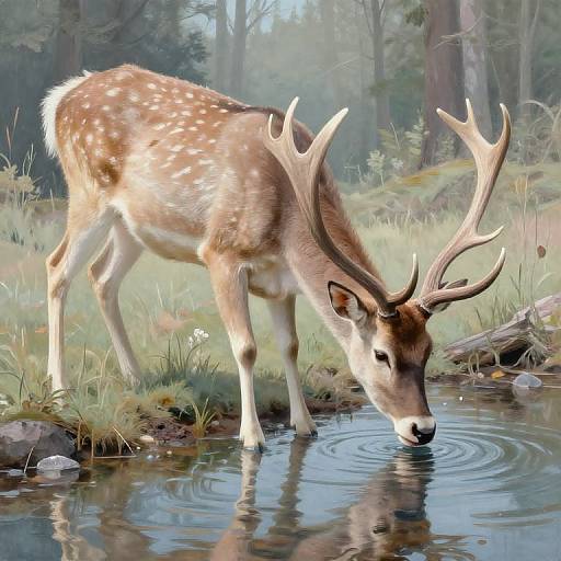 Photograph of a brown deer with white spots and large antlers, drinking from a calm forest stream, surrounded by grass and trees.