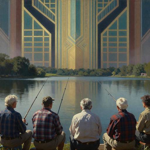 Six elderly men fishing by a reflective lake with towering, illuminated skyscrapers in the background. Digital painting.