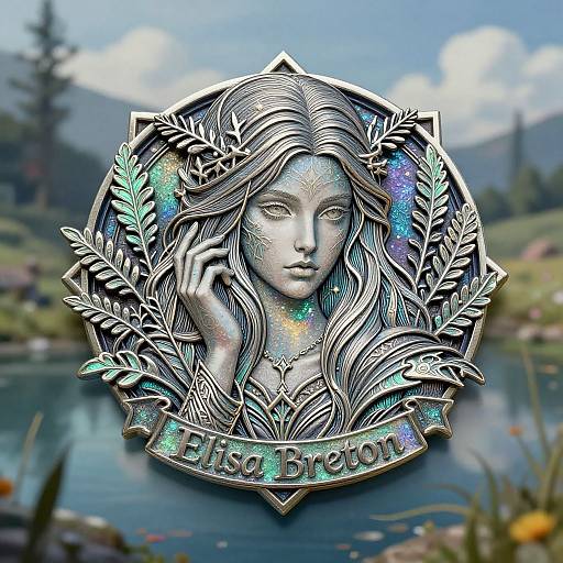 Digital artwork of a silver, ornate medal with a serene, ethereal woman's face, surrounded by leaves and star-like sparkles, labeled 