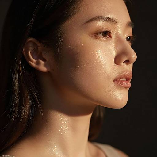 Photograph of a close-up, side-profile of a young woman with glowing, shimmering skin, dark brown hair, and intense brown eyes, against