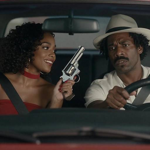 Woman holding revolver in car with concerned driver