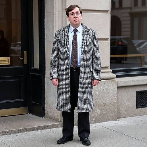 Photograph of a middle-aged man with glasses, wearing a black and white houndstooth overcoat, white shirt, black tie, and black