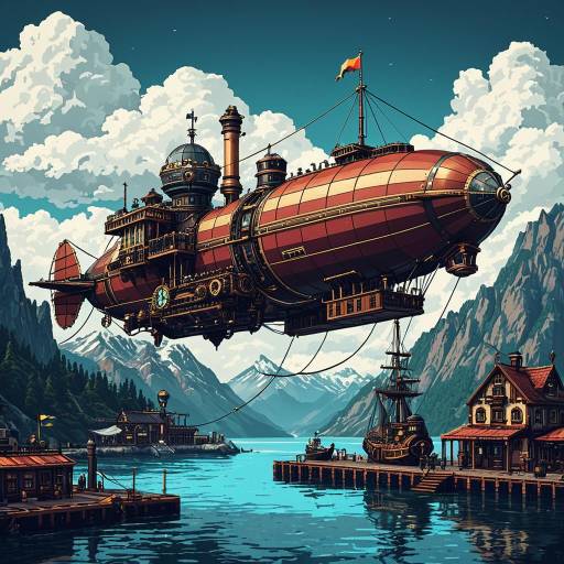 Vibrant Steampunk Airship Pixel Art