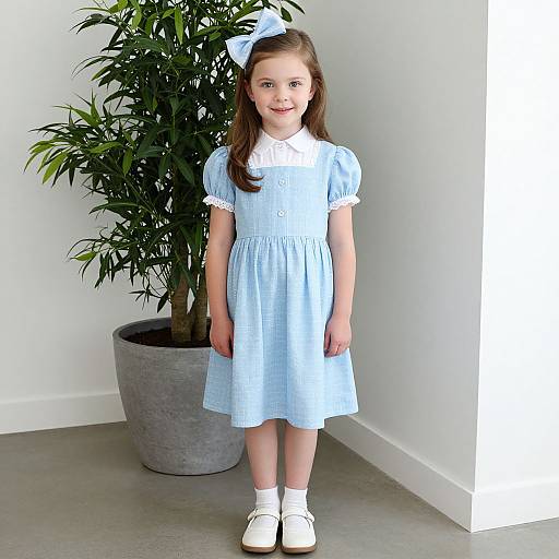 Photograph of a young girl with fair skin, brown hair, and blue eyes, wearing a light blue dress, white socks, and white shoes,