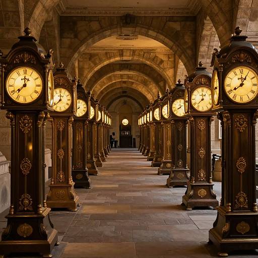 Symmetrical Vintage Clocks in Corridor