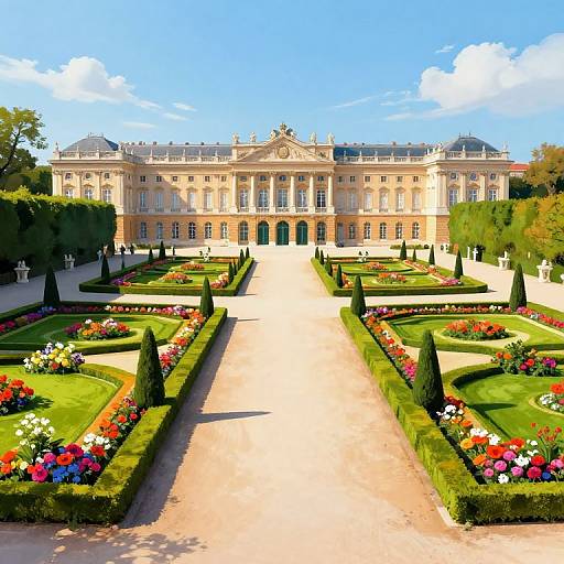 Photograph of a grand, neoclassical chateau with symmetrical, vibrant flower gardens and manicured hedges, under a bright blue sky