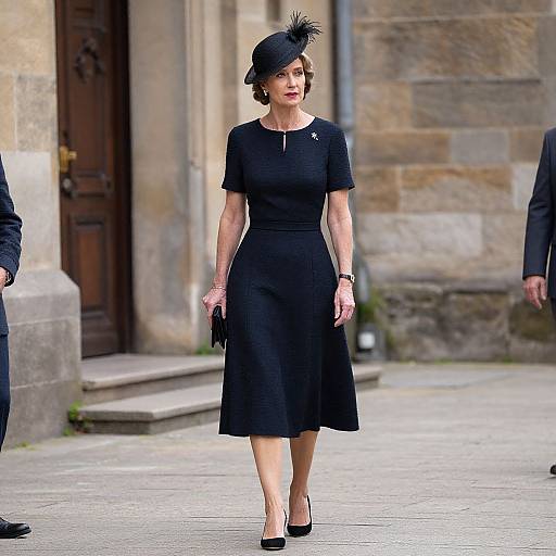 Photograph of a mature woman in a black, short-sleeved, knee-length dress and black hat with a feather, walking outside a stone building