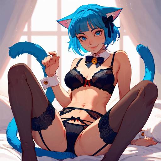 Blue-Haired Lingerie Cat Girl